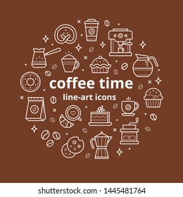 Circle illustration of coffee and pastry line-art icons. Collection of vector flat symbols.