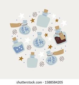 Circle illustration with colorful magic cartoon bottles, stars, love potions. Vector illustration. Magic elixir hand drawn collection isolated. Scandinavian style magician banner, poster