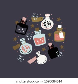 Circle illustration with colorful magic cartoon bottles, stars, love potions. Vector illustration. Magic elixir hand drawn collection isolated. Scandinavian style magician banner, poster