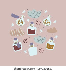 Circle illustration with colorful magic cartoon bottles, stars, clouds, love potions. Vector illustration. Magic elixir hand drawn collection isolated. Scandinavian style magician banner, poster