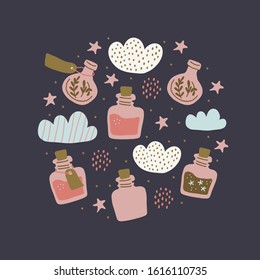 Circle illustration with colorful magic cartoon bottles, stars, love potions. Vector illustration. Magic elixir hand drawn collection isolated. Scandinavian style magician banner, poster