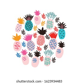 Circle illustration with colorful pineapples and tropical leaves. Stylish tropical fruits doodle vector design. Tropical illustration in scandinavian style