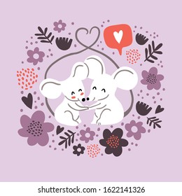 Circle illustration of cute couple of mouses hugging, tails united in form of heart, with love emoji, flowers frame. Valentines day animals illustration. Love concept. Cute couple of mouses in love
