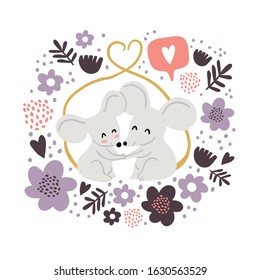 Circle illustration of cute couple of mouses hugging, tails united in form of heart, with love emoji, flowers frame. Valentines day animals illustration. Love concept. Cute couple of mouses in love