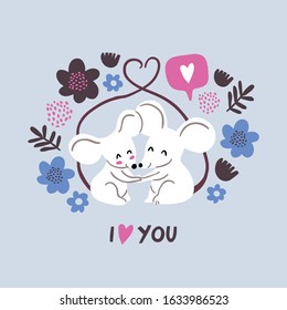 Circle illustration of cute couple of mouses hugging, tails united in form of heart, with love emoji, flowers frame. Valentines day animals illustration. Love concept. Cute couple of mouses in love