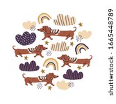 Circle illustration with cute dachshund dogs wearing scarfs on white background, rainbows, clouds. Nursery, textile, fabric design, square banner for kids, boys, girls.  Square banner with dogs