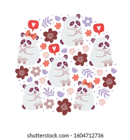 circle illustration of cute pandas couples in love with flowers, speech bubble with love emoji, polka dots isolated on white background. Square poster design with cute animals. Valentines day postcard