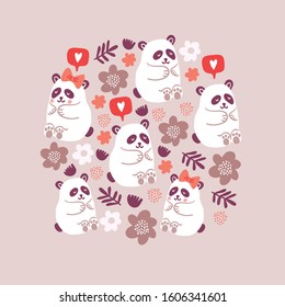 Circle illustration with cute pandas couples in love with flowers, speech bubble with love emoji, polka dots isolated on light background. Poster design with cute animals. Valentines day postcard