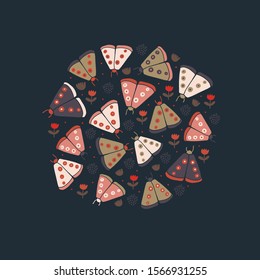 Circle illustration with decorative butterflies moth, tulip flowers and polka dots on dark background. Scandinavian style background. For modern and original textile, tshirt, bag, wrapping paper