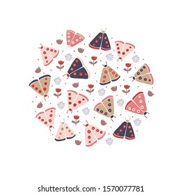 Circle illustration with decorative butterflies moth, tulip flowers and polka dots on white background. Scandinavian style background. For modern and original textile, tshirt, bag, wrapping paper