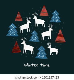 Circle illustration with deers silhouette, pine trees, snow. Trendy scandinavian christmas holiday vector background. Perfect for kids apparel, fabric, textile, wrapping paper. Kids pattern - Vector