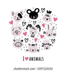 Circle illustration with doodle farm animals, hearts, lettering. goat, rabbit, dog, cat, pig, mouse, chicken, lamb, sheep. Round illustration in minimalistic scandinavian style on white. Kids drawing