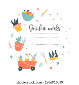 Circle illustration of garden tools and place for text. 