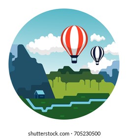 Circle illustration of hot air balloons in the nature landscape. Mountains, river, sky and clouds summer scene.