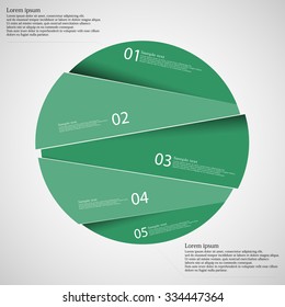 Circle illustration infographic template which is randomly divided to five green parts. Each part has space for own text according customer needs. Background is light.