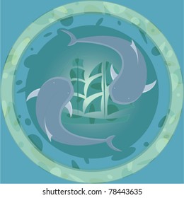 circle illustration of sharks and sailboat