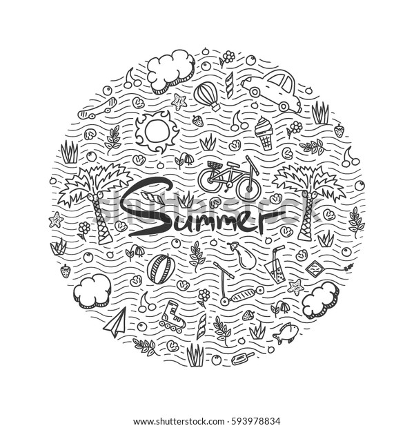 Circle Illustration of a summer holiday. Doodle\
style vector.