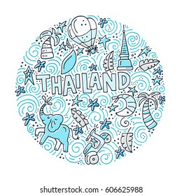 Circle illustration of Thailand with all main symbols of a country.