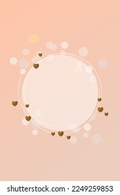 circle  image social media template with white and pink lights bokeh, gold hearts, gently beige-pink background