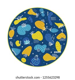 Circle includes hand drawn abstract shapes with different textures, spots and decorative elements. Freehand style. Doodle. It can be used for cover, card, label, poster, print on clothes, mug. Vector