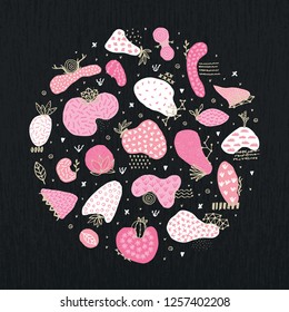 Circle includes hand drawn abstract shapes with different textures, spots and decorative elements. Freehand style. Doodle. It can be used for cover, card, label, poster, print on clothes, mug. Vector