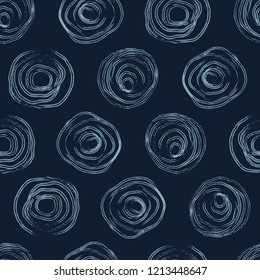 Circle Indigo Pattern Dye Seamless Vector. Hand Drawn Grunge Spiral Textile Illustration for Boho Fashion Prints, Stationery, Hippie Packaging, Trendy Organic Cloth Backdrops or Japanese Home Decor.