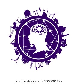 Circle with industry relative silhouettes and head icon. Objects located around the circle. Molecule and communication texture. Connected lines with dots. Gears group as a symbol of a brains