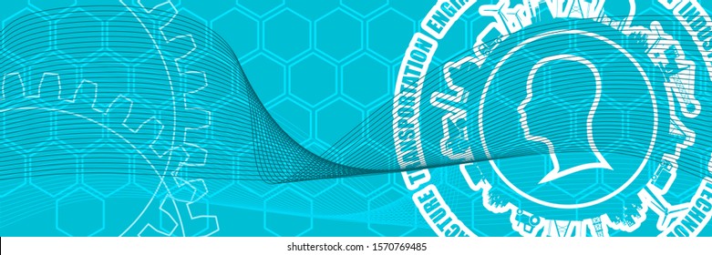 Circle with industry relative silhouettes and head icon. Objects located around the circle. Industrial design background.