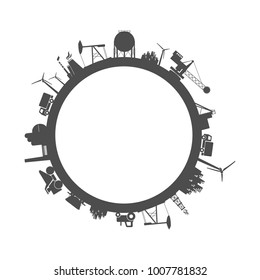 Circle with industry relative silhouettes. Objects located around the circle. Industrial design background. Field for text in the center.