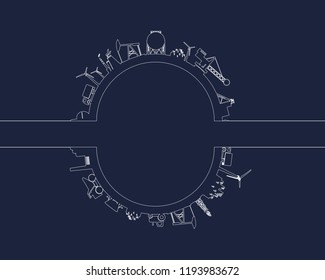 Circle with industry relative silhouettes. Objects located around the circle. Industrial design background. Field for text in the center.