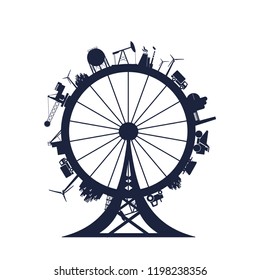 Circle with industry relative silhouettes. Objects located around ferris wheel. Industrial design background.