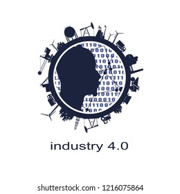 Circle with industry relative silhouettes. Objects located around the circle. Industrial design background. Binary code and human head in the center. Industry four point zero concept
