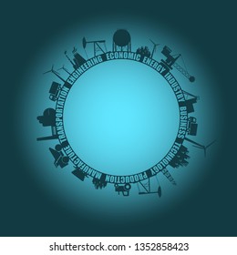 Circle with industry relative silhouettes. Objects located around the circle. Industrial design tags cloud. Field for text in the center.