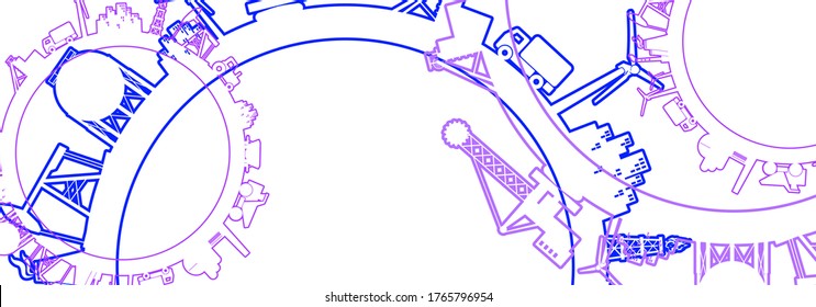 Círculo con siluetas relativas de la industria. Objetos situados alrededor del círculo. Fondo de diseño industrial.
