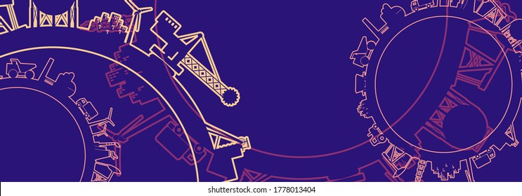 Círculo con siluetas relativas de la industria. Objetos situados alrededor del círculo. Fondo de diseño industrial.