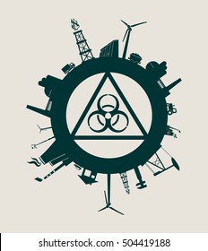 Circle with industry relative silhouettes. Vector illustration. Objects located around the circle. Industrial design background. Ecology protection. Biohazard sign in the center