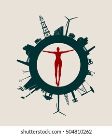 Circle with industry relative silhouettes. Vector illustration. Objects located around the circle. Industrial design background. Woman figure in the center.