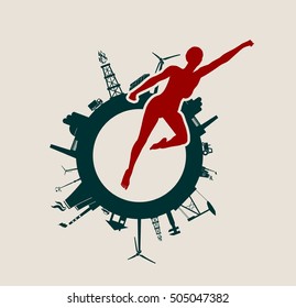 Circle with industry relative silhouettes. Vector illustration. Objects located around the circle. Industrial design background. Woman figure in the center.