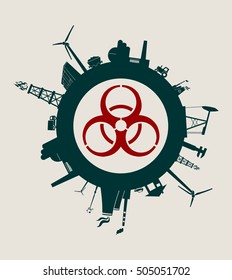 Circle with industry relative silhouettes. Vector illustration. Objects located around the circle. Industrial design background. Ecology protection. Biohazard sign in the center
