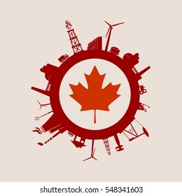 Circle with industry relative silhouettes. Vector illustration. Objects located around the circle. Industrial design background. Canada flag in the center.