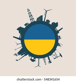Círculo con siluetas relativas de la industria. Ilustración vectorial. Objetos ubicados alrededor del círculo. Antecedentes de diseño industrial. Bandera de Ucrania en el centro.