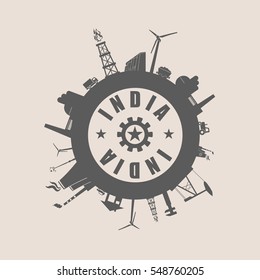 Circle with industry relative silhouettes. Vector illustration. Objects located around the circle. Industrial design background. India text in the center.