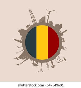 Circle with industry relative silhouettes. Vector illustration. Objects located around the circle. Industrial design background. Belgium flag in the center.
