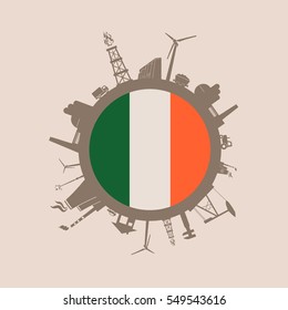 Circle with industry relative silhouettes. Vector illustration. Objects located around the circle. Industrial design background. Ireland flag in the center.