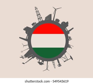 Circle with industry relative silhouettes. Vector illustration. Objects located around the circle. Industrial design background. Hungary flag in the center.