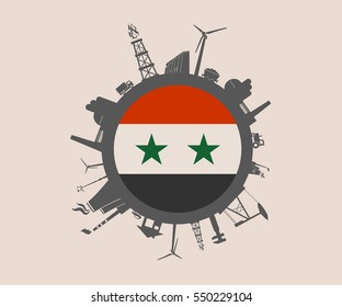 Circle with industry relative silhouettes. Vector illustration. Objects located around the circle. Industrial design background. Syria flag in the center.