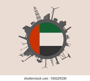 Circle with industry relative silhouettes. Vector illustration. Objects located around the circle. Industrial design background. United Arab Emirates flag in the center.