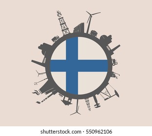 Circle with industry relative silhouettes. Vector illustration. Objects located around the circle. Industrial design background. Finland flag in the center.