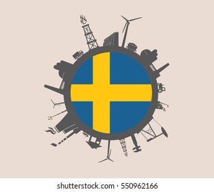Circle with industry relative silhouettes. Vector illustration. Objects located around the circle. Industrial design background. Sweden flag in the center.