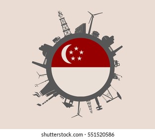 Circle with industry relative silhouettes. Vector illustration. Objects located around the circle. Industrial design background. Singapore flag in the center.